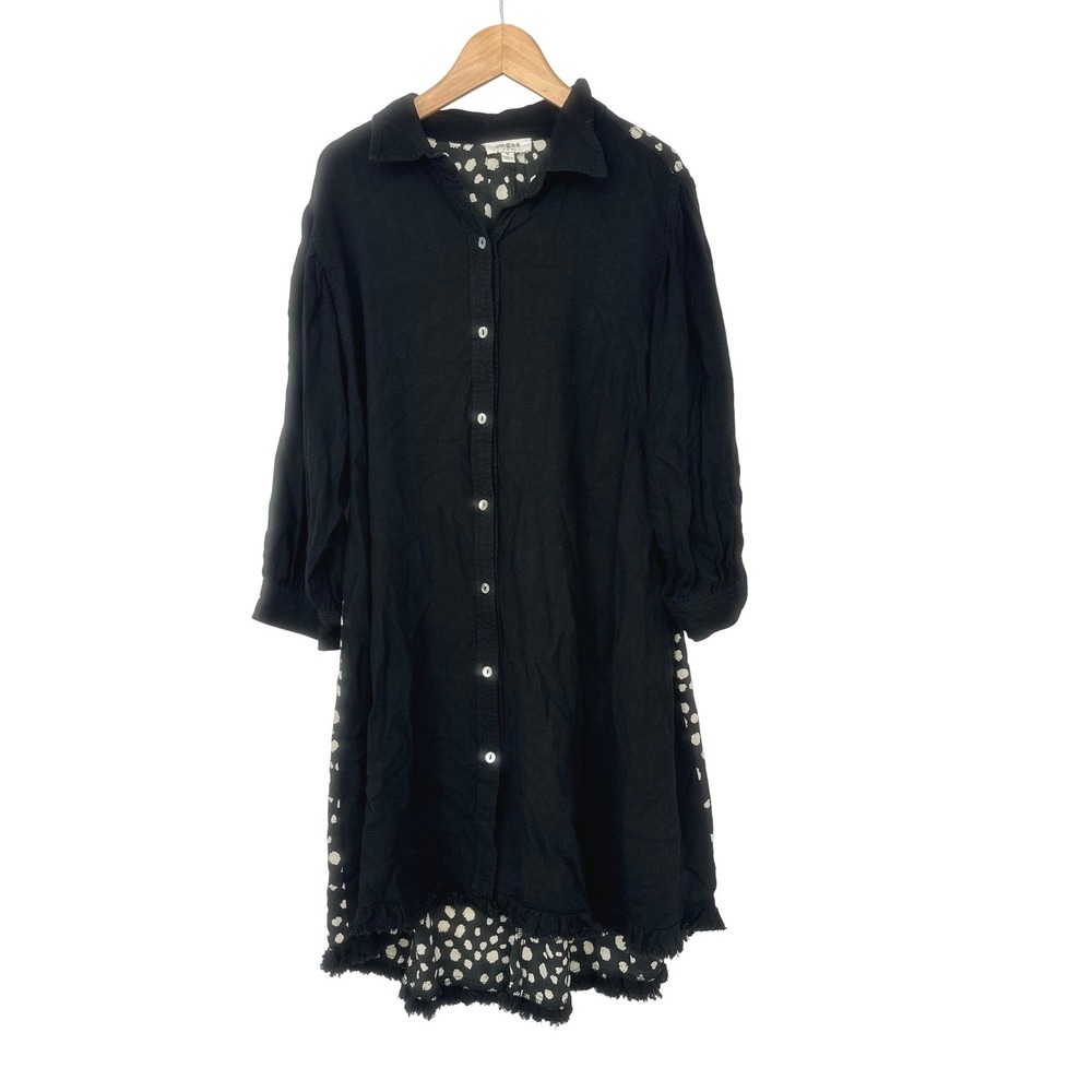 Umgee Linen Blend Shirt Dress M Black Polka Dot Artsy Coastal Raw Hem Lagenlook